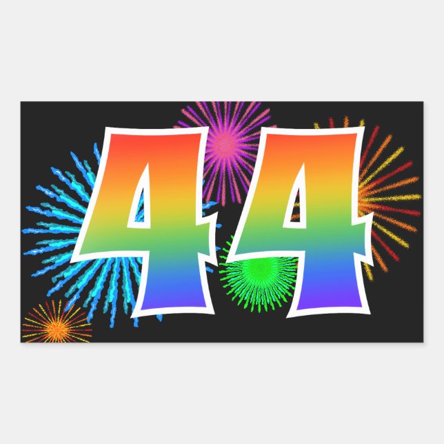 Fun Fireworks + Regenbogenmuster "44" Ereignisnumm Rechteckiger Aufkleber (Vorderseite)