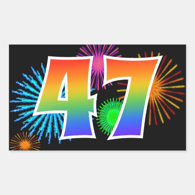 Fun Fireworks + Regenbogenmuster "47" Ereignisnumm Rechteckiger Aufkleber (Vorderseite)