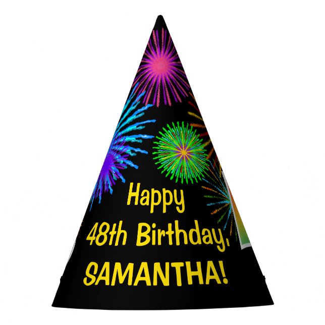 Fun Fireworks + Regenbogenmuster "48" Geburtstag # Partyhütchen (Vorderseite)