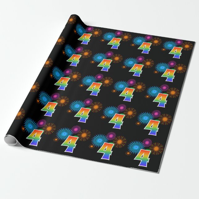 Fun Fireworks + Regenbogenmuster "4" Ereignisnumme Geschenkpapier (Ungerollt)