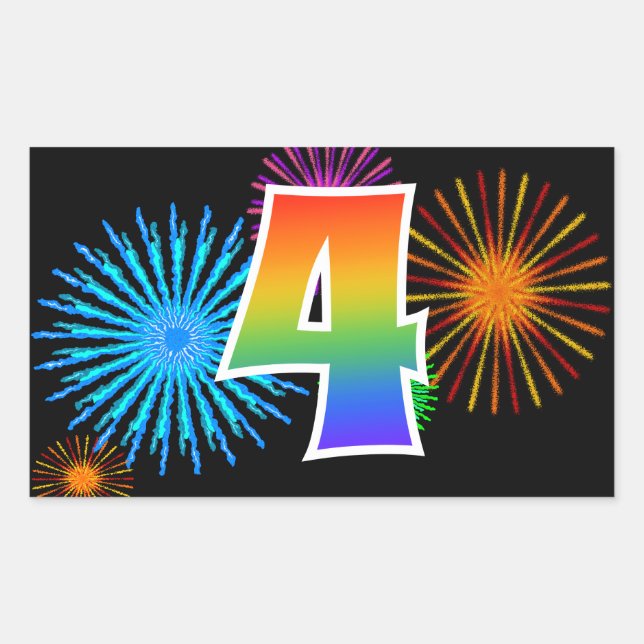 Fun Fireworks + Regenbogenmuster "4" Ereignisnumme Rechteckiger Aufkleber (Vorderseite)
