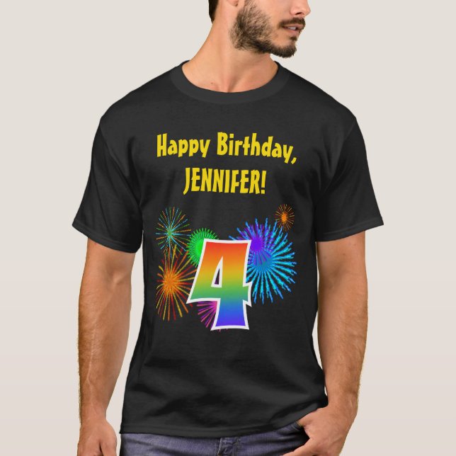 Fun Fireworks + Regenbogenmuster "4" Geburtstag # T-Shirt (Vorderseite)