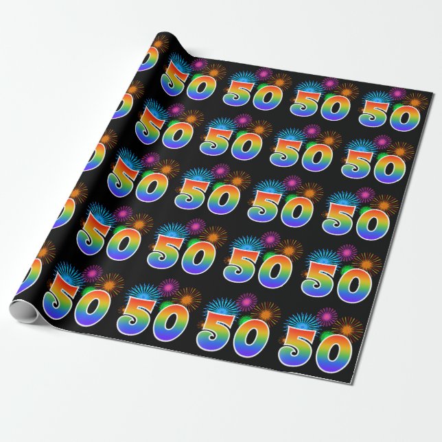 Fun Fireworks + Regenbogenmuster "50" Ereignisnumm Geschenkpapier (Ungerollt)