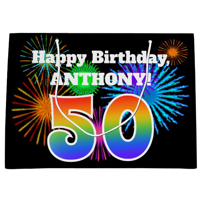 Fun Fireworks + Regenbogenmuster "50" Geburtstag # Große Geschenktüte (Vorderseite)