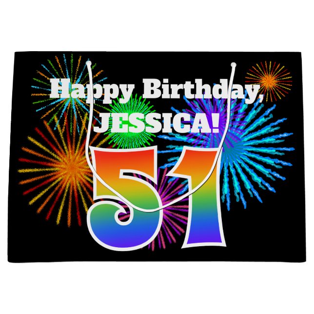 Fun Fireworks + Regenbogenmuster "51" Geburtstag # Große Geschenktüte (Vorderseite)