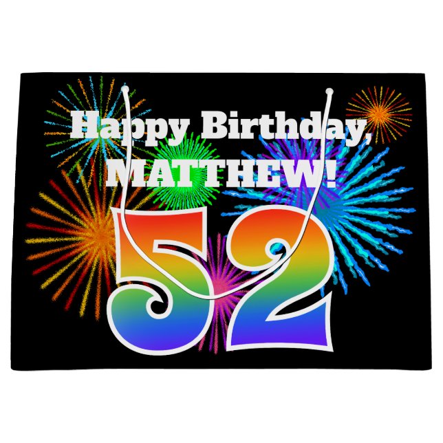Fun Fireworks + Regenbogenmuster "52" Geburtstag # Große Geschenktüte (Vorderseite)