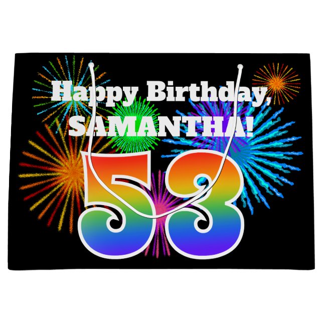 Fun Fireworks + Regenbogenmuster "53" Geburtstag # Große Geschenktüte (Vorderseite)