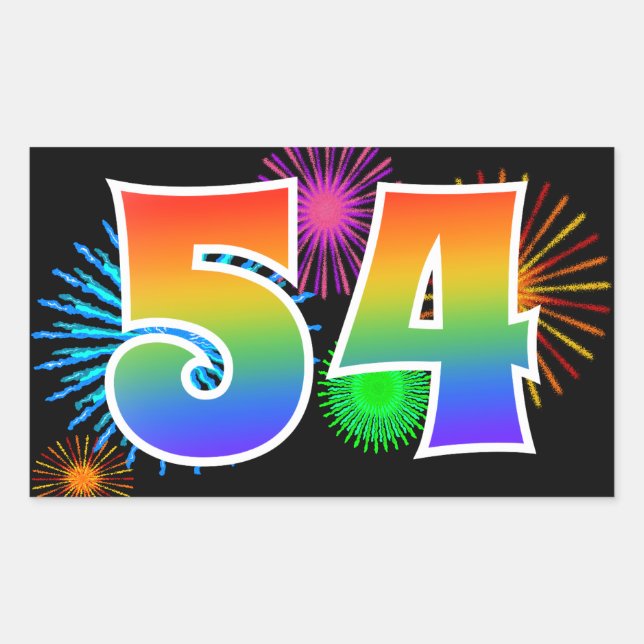 Fun Fireworks + Regenbogenmuster "54" Ereignisnumm Rechteckiger Aufkleber (Vorderseite)