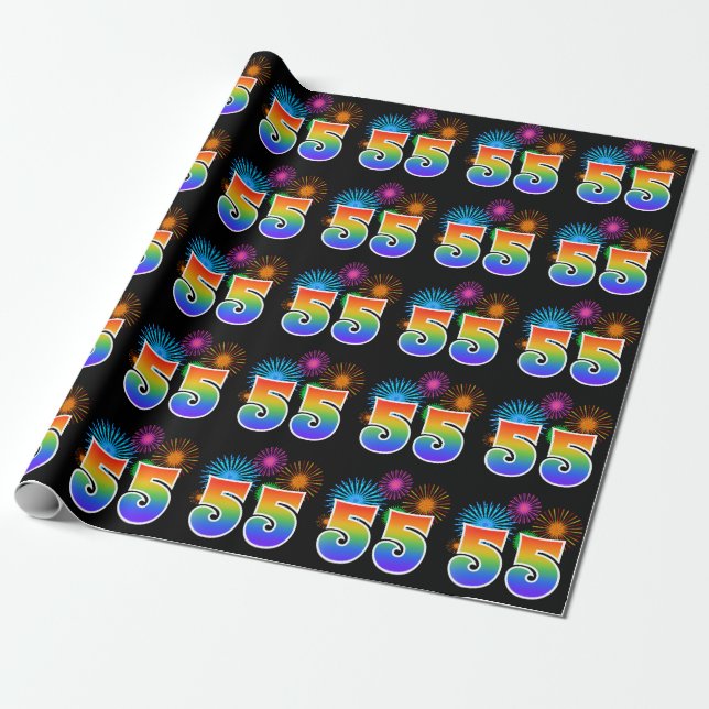 Fun Fireworks + Regenbogenmuster "55" Ereignisnumm Geschenkpapier (Ungerollt)