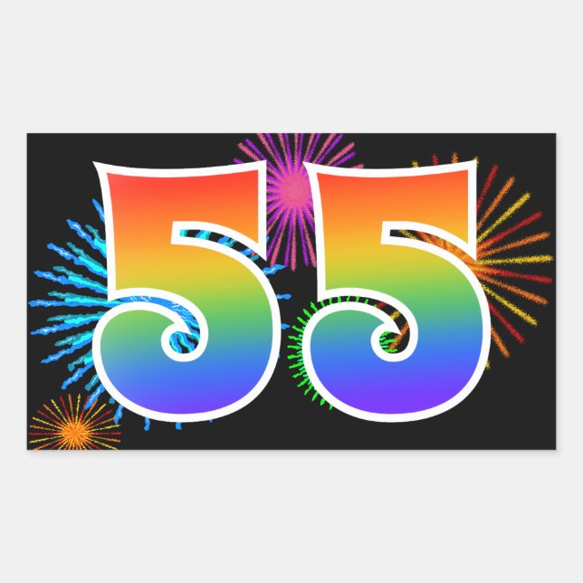 Fun Fireworks + Regenbogenmuster "55" Ereignisnumm Rechteckiger Aufkleber (Vorderseite)