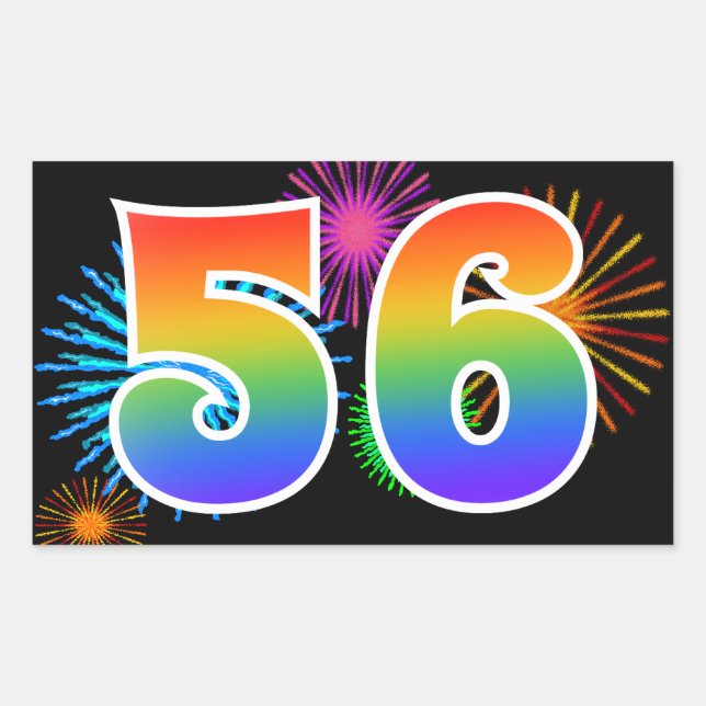 Fun Fireworks + Regenbogenmuster "56" Ereignisnumm Rechteckiger Aufkleber (Vorderseite)
