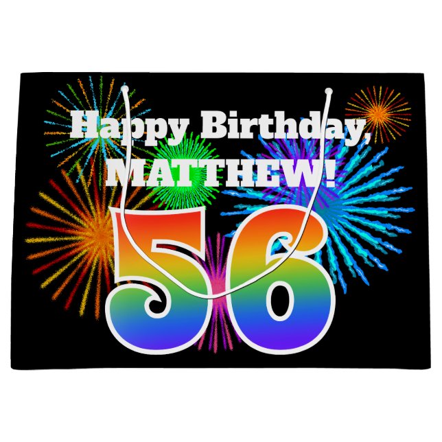Fun Fireworks + Regenbogenmuster "56" Geburtstag # Große Geschenktüte (Vorderseite)