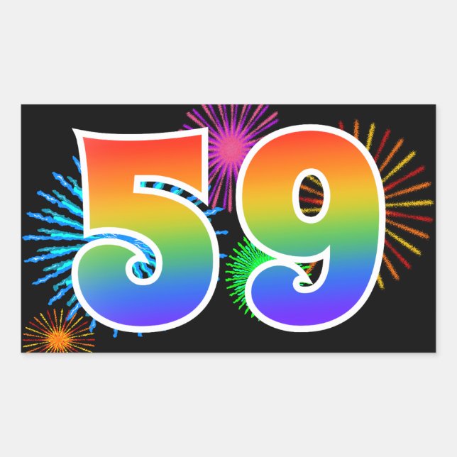 Fun Fireworks + Regenbogenmuster "59" Ereignisnumm Rechteckiger Aufkleber (Vorderseite)