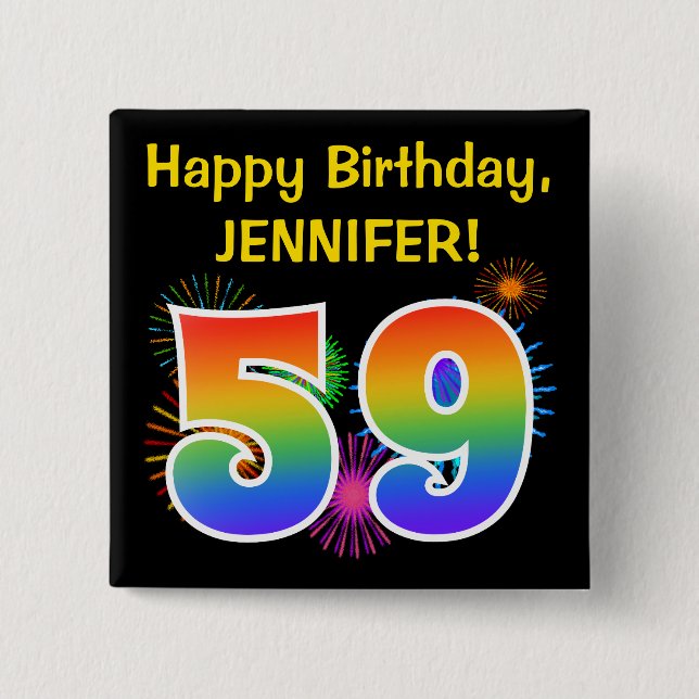 Fun Fireworks + Regenbogenmuster "59" Geburtstag # Button (Vorderseite)