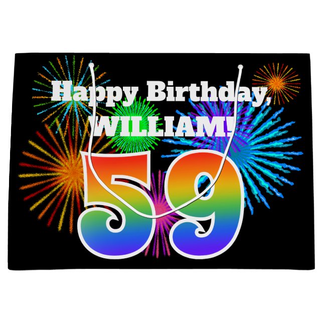 Fun Fireworks + Regenbogenmuster "59" Geburtstag # Große Geschenktüte (Vorderseite)