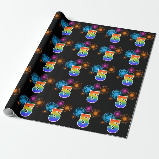 Fun Fireworks + Regenbogenmuster "5" Ereignisnumme Geschenkpapier (Ungerollt)