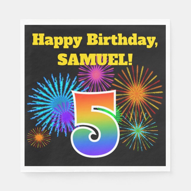 Fun Fireworks + Regenbogenmuster "5" Geburtstag # Serviette (Vorderseite)