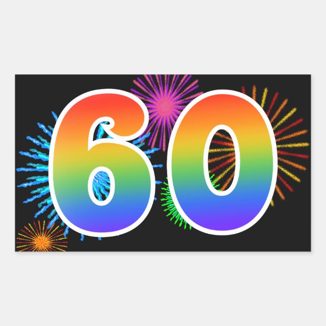 Fun Fireworks + Regenbogenmuster "60" Ereignisnumm Rechteckiger Aufkleber (Vorderseite)