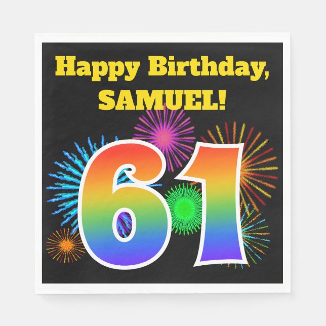 Fun Fireworks + Regenbogenmuster "61" Geburtstag # Serviette (Vorderseite)