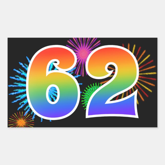 Fun Fireworks + Regenbogenmuster "62" Ereignisnumm Rechteckiger Aufkleber (Vorderseite)