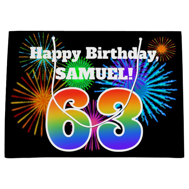 Fun Fireworks + Regenbogenmuster "63" Geburtstag # Große Geschenktüte (Vorderseite)