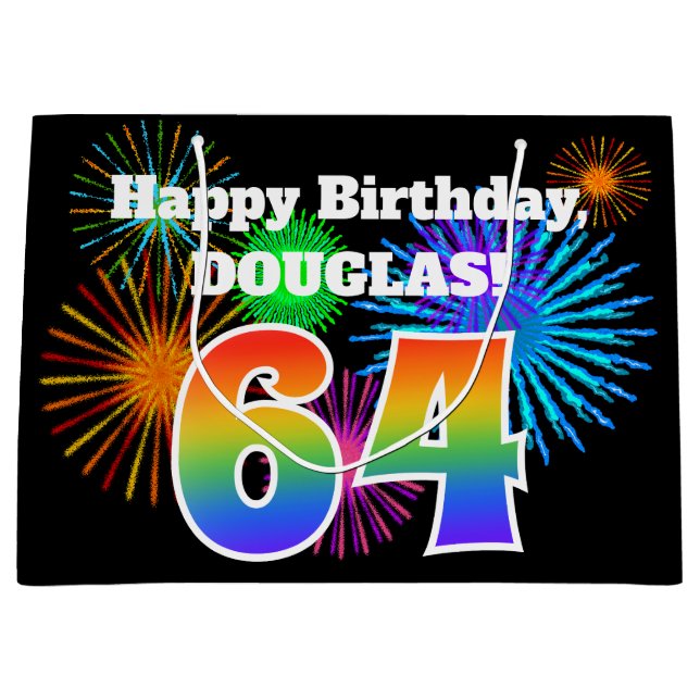 Fun Fireworks + Regenbogenmuster "64" Geburtstag # Große Geschenktüte (Vorderseite)