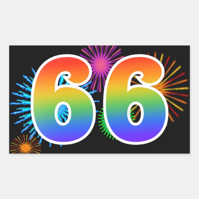 Fun Fireworks + Regenbogenmuster "66" Ereignisnumm Rechteckiger Aufkleber (Vorderseite)