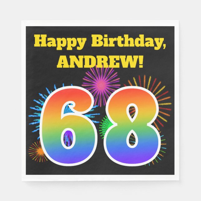 Fun Fireworks + Regenbogenmuster "68" Geburtstag # Serviette (Vorderseite)