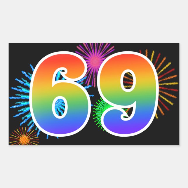 Fun Fireworks + Regenbogenmuster "69" Ereignisnumm Rechteckiger Aufkleber (Vorderseite)