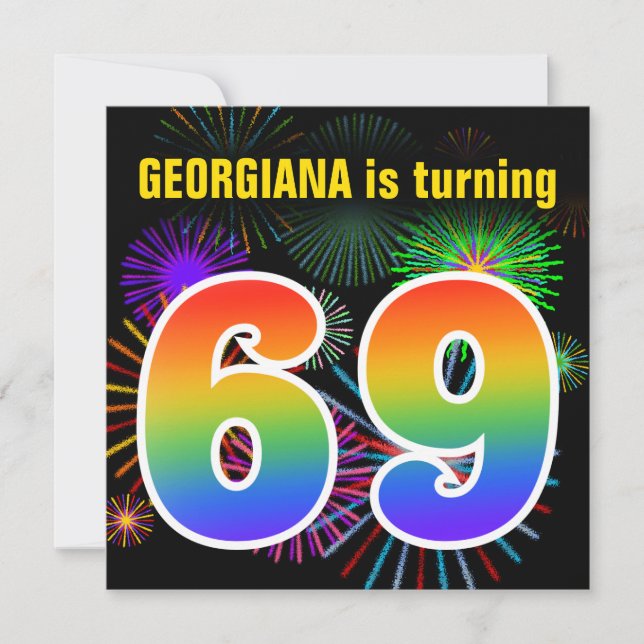 Fun Fireworks + Regenbogenmuster "69" Geburtstag # Einladung (Vorderseite)