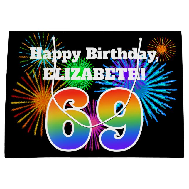 Fun Fireworks + Regenbogenmuster "69" Geburtstag # Große Geschenktüte (Vorderseite)