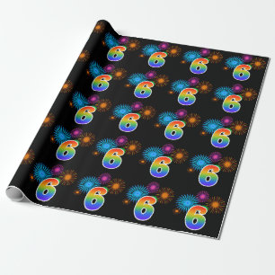 Fun Fireworks + Regenbogenmuster "6" Ereignisnumme Geschenkpapier