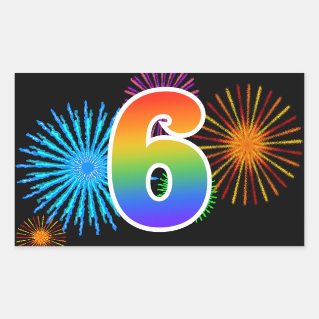 Fun Fireworks + Regenbogenmuster "6" Ereignisnumme Rechteckiger Aufkleber (Vorderseite)