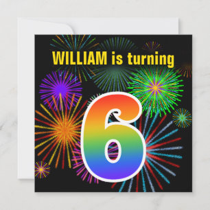 Fun Fireworks + Regenbogenmuster "6" Geburtstag # Einladung