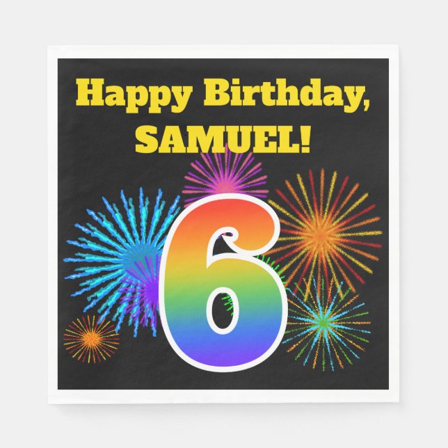 Fun Fireworks + Regenbogenmuster "6" Geburtstag # Serviette (Vorderseite)