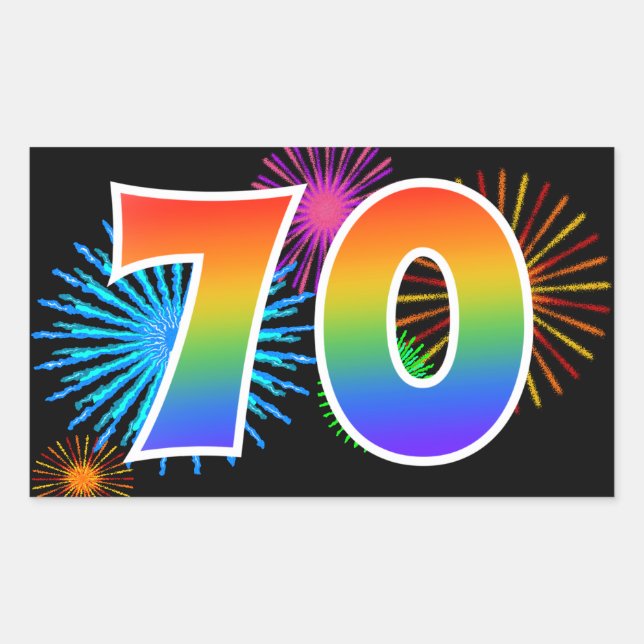Fun Fireworks + Regenbogenmuster "70" Ereignisnumm Rechteckiger Aufkleber (Vorderseite)