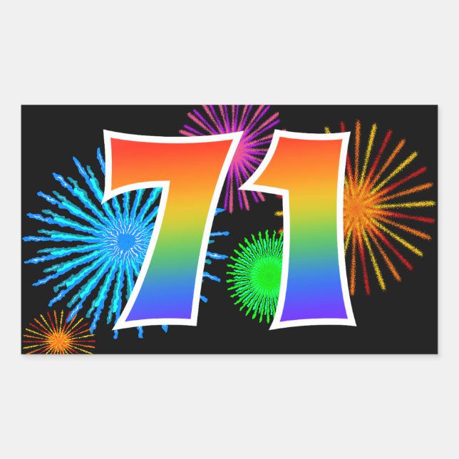 Fun Fireworks + Regenbogenmuster "71" Ereignisnumm Rechteckiger Aufkleber (Vorderseite)