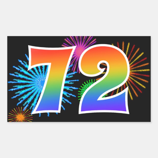 Fun Fireworks + Regenbogenmuster "72" Ereignisnumm Rechteckiger Aufkleber (Vorderseite)