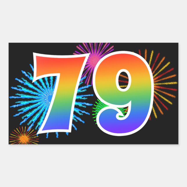 Fun Fireworks + Regenbogenmuster "79" Ereignisnumm Rechteckiger Aufkleber (Vorderseite)