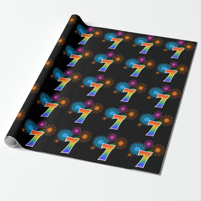 Fun Fireworks + Regenbogenmuster "7" Ereignisnumme Geschenkpapier (Ungerollt)