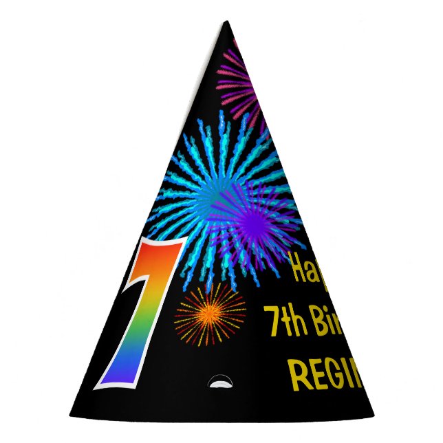 Fun Fireworks + Regenbogenmuster "7" Geburtstag # Partyhütchen (Links)