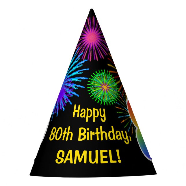 Fun Fireworks + Regenbogenmuster "80" Geburtstag # Partyhütchen (Vorderseite)