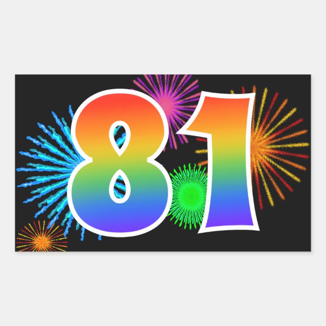 Fun Fireworks + Regenbogenmuster "81" Ereignisnumm Rechteckiger Aufkleber (Vorderseite)