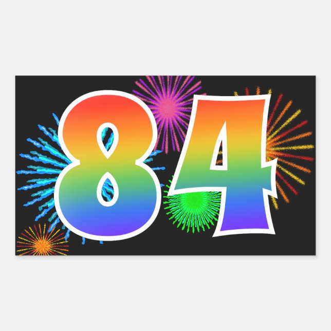 Fun Fireworks + Regenbogenmuster "84" Ereignisnumm Rechteckiger Aufkleber (Vorderseite)