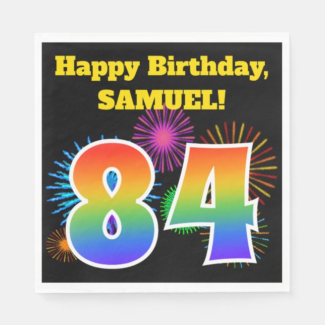 Fun Fireworks + Regenbogenmuster "84" Geburtstag # Serviette (Vorderseite)