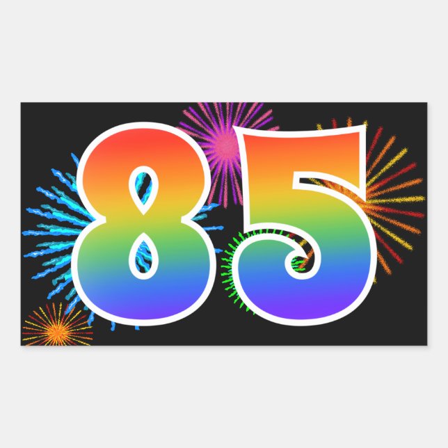 Fun Fireworks + Regenbogenmuster "85" Ereignisnumm Rechteckiger Aufkleber (Vorderseite)