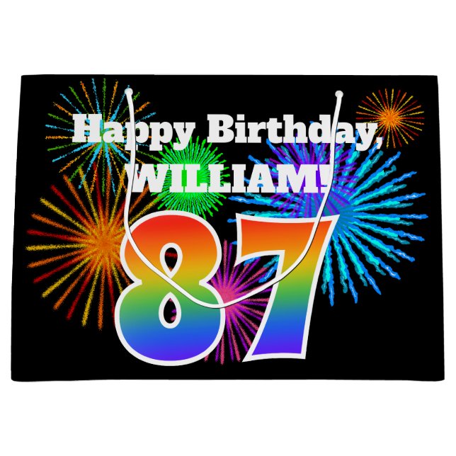 Fun Fireworks + Regenbogenmuster "87" Geburtstag # Große Geschenktüte (Vorderseite)