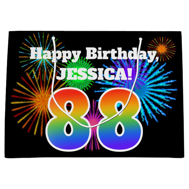 Fun Fireworks + Regenbogenmuster "88" Geburtstag # Große Geschenktüte (Vorderseite)