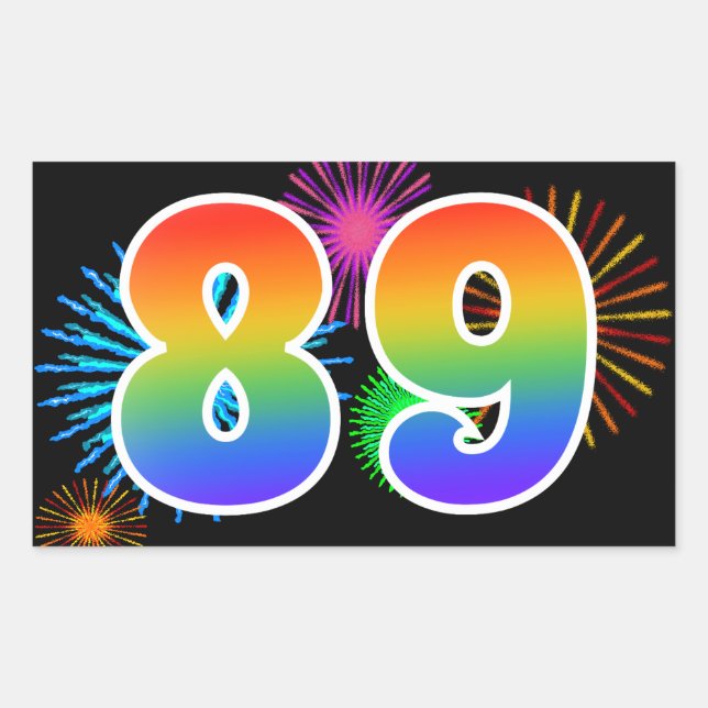 Fun Fireworks + Regenbogenmuster "89" Ereignisnumm Rechteckiger Aufkleber (Vorderseite)