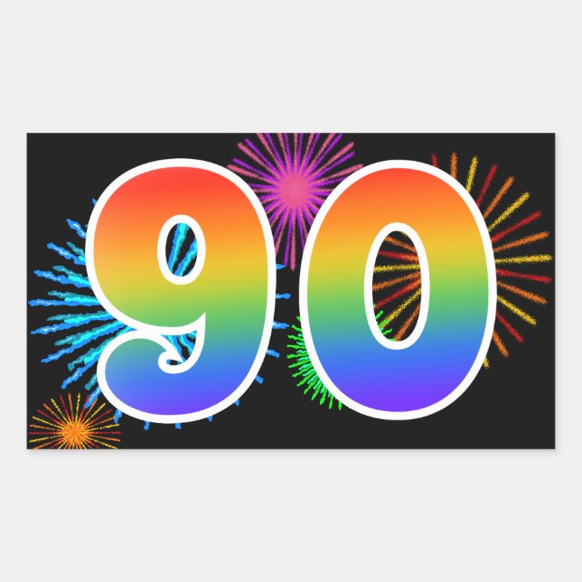 Fun Fireworks + Regenbogenmuster "90" Ereignisnumm Rechteckiger Aufkleber (Vorderseite)